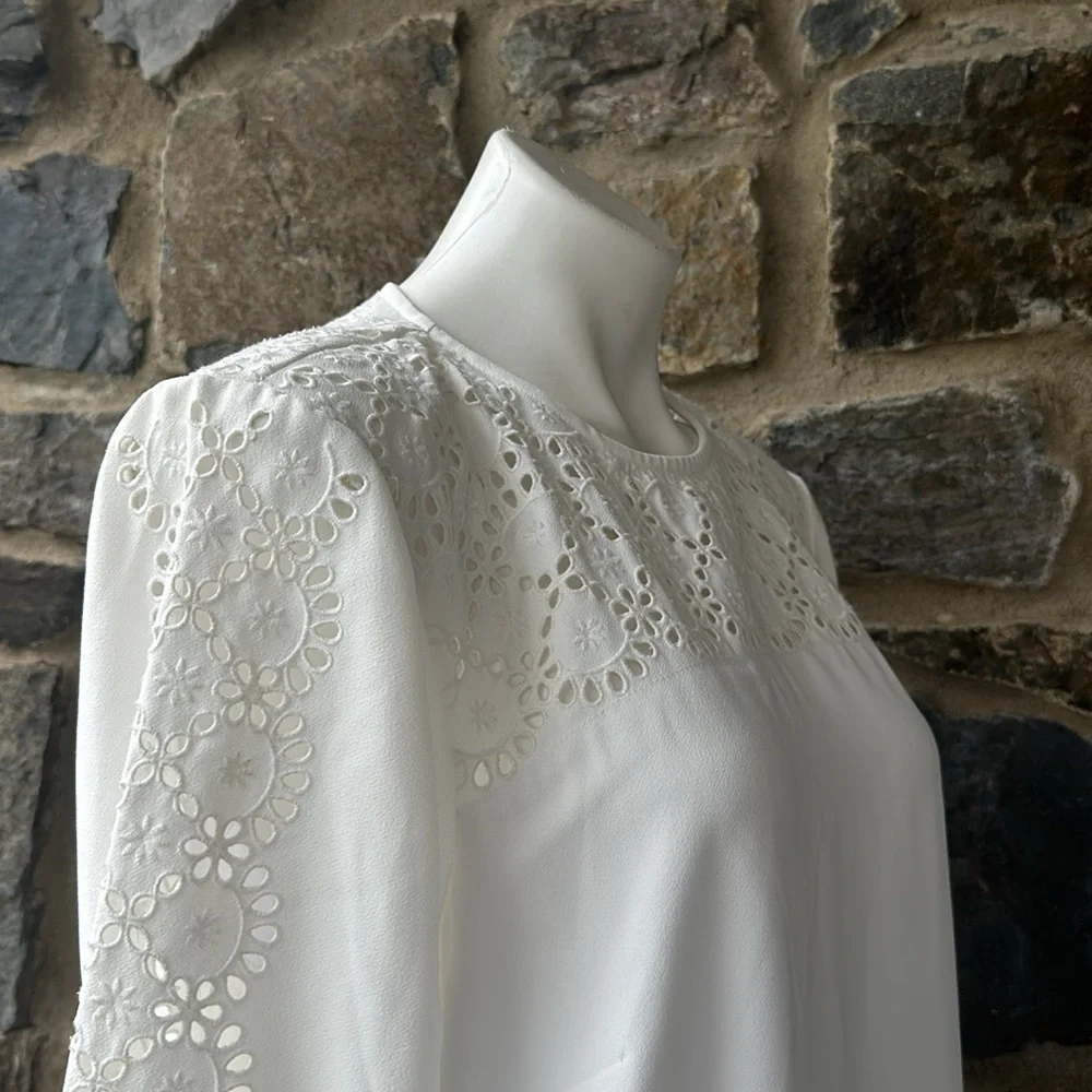 J. Crew White Laser-Cut Eyelet Lace Long Sleeve Shift Dress in 365 Crepe Size 14